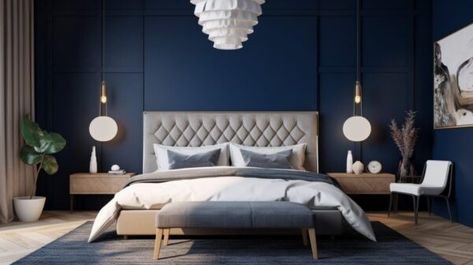 Join me on a journey to explore the world of navy bedroom ideas, where sophistication meets versatility! As a fellow home decor enthusiast, you're probably Navy Bedroom Accent Wall, Modern Iron Gate Designs, Small House Inspiration, Navy Accent Walls, Navy Bedrooms, Iron Gate Design, Small Modern Home, Accent Wall Bedroom, Bar Design Restaurant