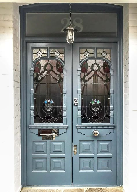 Farmhouse Front Doors, Stained Glass Front Door, Glass Entrance, Glass Entrance Doors, Victorian Doors, Victorian Front Doors, Stained Glass Doors, Yellow Front Doors, Traditional Front Doors