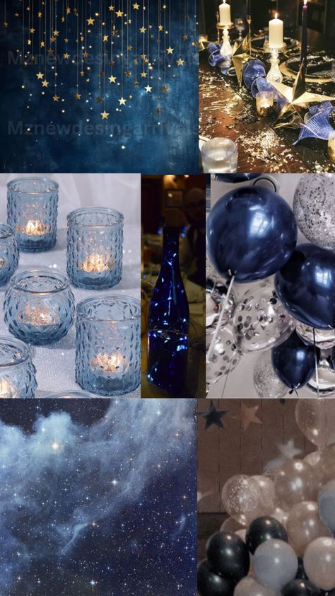 date party Starry Night Birthday Party Theme, Starry Night Prom Table Decor, Under The Stars Party Ideas, Midnight Blue Theme Party, Midnight Birthday Party Theme, Starfall Themed Party, 30th Birthday Blue Theme, Starry Nights Prom Theme, Dark Blue Themed Birthday Party