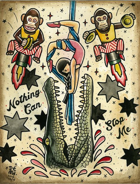 Original tattoo design by DEMI { Nothing can stop me}  water color, old school, musical monkey, alligator, Crocodile Alligator Tattoo, Nothing Can Stop Me, Circus Tattoo, Tattoo Music, Alligator Crocodile, Original Tattoos, Old School Style, Traditional Tattoo Design, Pin Up Tattoos