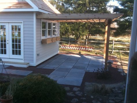 shed w/ arbor Shed Seating Area, Adding A Porch To A Shed, Pergola Shed Combo, Pergola Off Shed, Shed With Pergola Attached, Shed With Pergola, Driveway Pergola, Backyard Bar Shed, Outdoor Screen Room