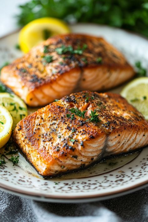 Grilled salmon fillets garnished with chopped herbs and lemon slices on a plate. Salmon Seared Recipes, How To Pan Fry Salmon, Soho Salmon Recipe, How To Cook Salmon In A Pan, Salmon Skillet Recipes, How To Cook Salmon On The Stove, Salmon Fillet Recipes Baked, Pan Seared Salmon Recipes, Salmon Stovetop