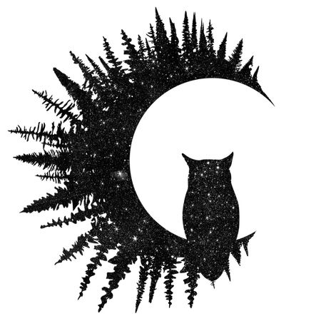 Owl And Moon Drawing, Owl Moon Tattoo Design, The Owl Tattoo, Owl Moon Art, Owl Sillouhette, Owl In Tree Tattoo, Owl Silhouette Tattoo, Witchy Owl Tattoo, Night Owl Drawing