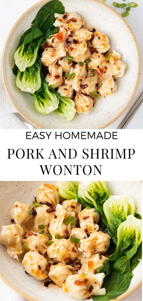 Miso Soup With Wontons, Wonton Side Dishes, Wonton Pork Filling, Wonton Dinner Recipes, How To Fold A Wonton, Shrimp Wontons Recipes, Chinese Wonton Recipes, Pork And Shrimp Wontons, Shrimp And Pork Dumplings