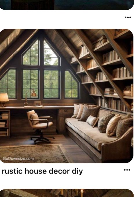 Loft Bookshelves, Loft Library Ideas, Cabin Library, Dark Modern Interior, Loft Library, Library Loft, Homey House, Dark Modern, Slanted Ceiling