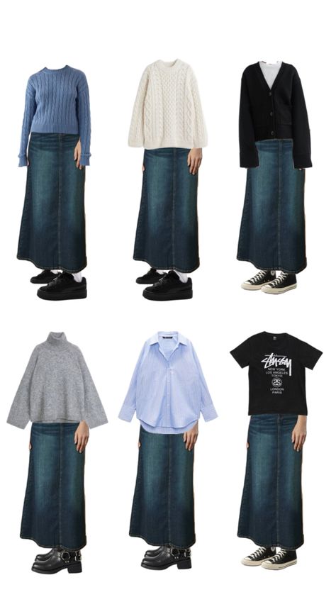 styling a medium-wash denim maxi skirt in 6 ways Maxi Denim Skirt Outfit, Denim Maxi Skirt Outfit, Denim Skirt Outfit, Maxi Skirt Outfit, Maxi Denim Skirt, Denim Skirt Outfits, Hijab Aesthetic, Maxi Skirt Outfits, Christian Fashion