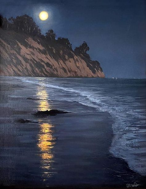 Nature Paintings Acrylic, Famous Cats, Draw Cats, Ocean Landscape Painting, Moonlight Painting, Night Sky Painting, Digital Gallery, Ocean Landscape, Landscape Paintings Acrylic