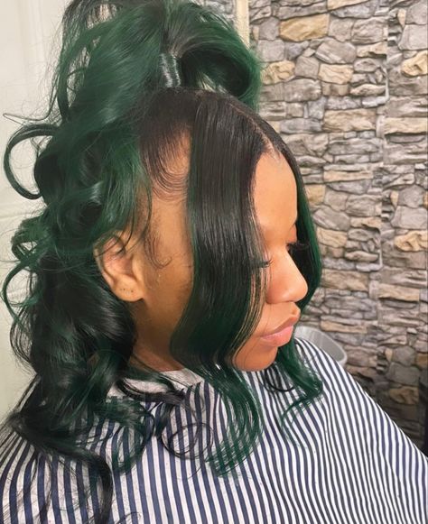 Green Hairstyles Black Women, Prom Hair Black Women, Vacay Hairstyles, Green Ponytail, Barbie Ponytail, Green Hair Dye, Braided Crown Hairstyles, Colorful Hairstyles, Hair Black Women