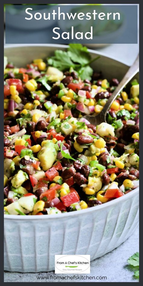 Southwestern Salad Southwestern Salad Recipes, Southwest Salad Recipe, Corn And Bean Salad, Mexican Bean Salad, Black Bean Corn Salad, Southwestern Salad, Bell Pepper Salad, Southwest Salad, Black Beans Corn