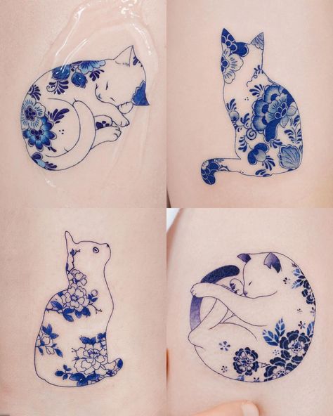 Cat Lily Tattoo, Porcelain Tattoo Design, Porcelain Design Pattern, Delft Tattoo Ideas, Porcelain Cat Tattoo, Porcelain Blue Tattoo, Squishy Tattoo, Blue Tulip Tattoo, Porcelain Tattoo Blue