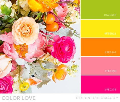 Color Love | Bright Green, Yellow, Orange & Pink - Designer Blogs Bright Pink Color Schemes, Colors That Go With Bright Yellow, Hot Pink Orange Color Palette, Hot Pink Wedding Color Palette, Hot Pink Colour Palette, Bright Floral Color Palette, Colors That Go With Hot Pink, Chartreuse And Pink Color Palette, Pink Orange Yellow Color Palette