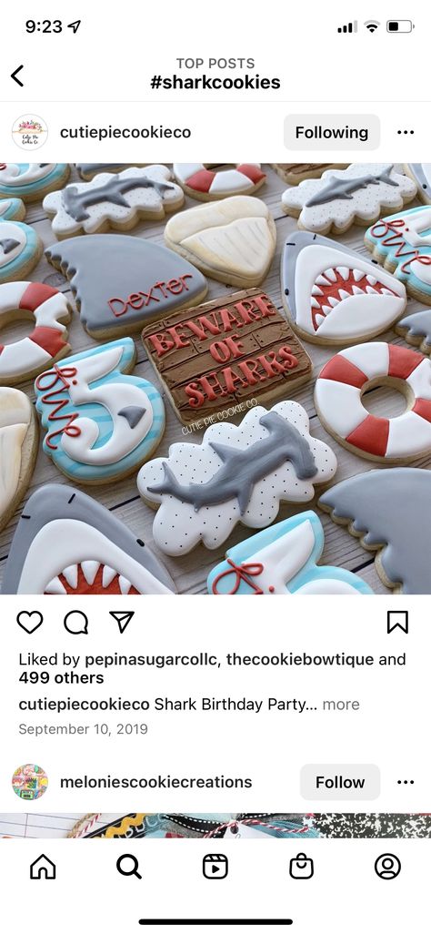 Jawsome Birthday Party, Dive Into Five Birthday Boy, Jaws Themed Food, Jaws Party Food, Jaws Cookies, Shark Cookies Decorated, Shark Week Cookies Decorated, Shark Week Cookies, Shark Decorated Cookies