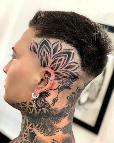 Tehran Tattoo, Mens Face Tattoos, Side Neck Tattoo, Geometric Sleeve Tattoo, Tasteful Tattoos, Angel Tattoo Designs, Side Tattoos, Face Tattoos, Head Tattoos