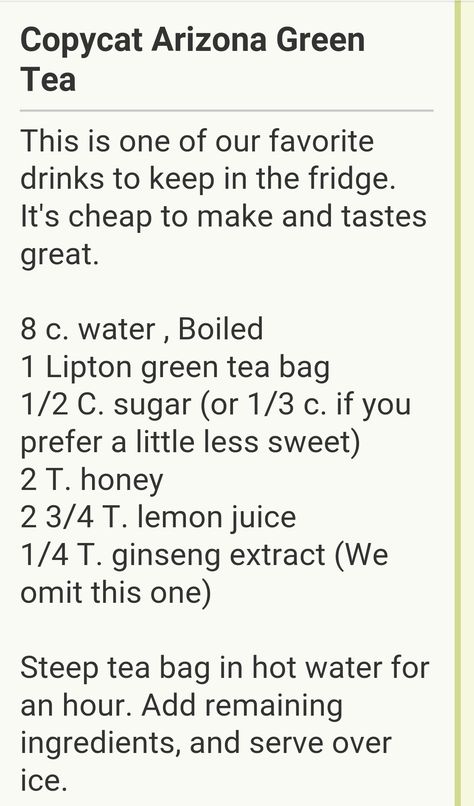 Arizona green tea copycat Arizona Iced Tea Recipe, Budget 101, Arizona Green Tea, National Iced Tea Day, Iced Tea Recipes Homemade, Lipton Green Tea, Green Tea Diet, Cannibis Recipes, Tea Drink Recipes