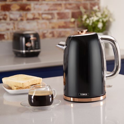 Rose Gold Kitchen, Black Microwave, Stainless Steel Kettle, Gold Branding, Tea Kettle, Open Plan Living, Electric Kettle, Kitchen Stuff, Off Black