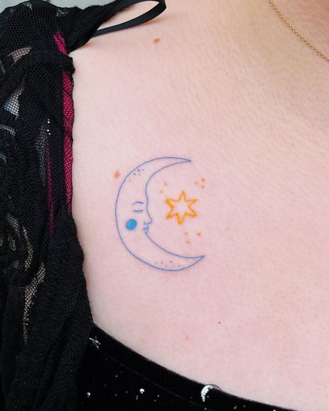 handpoked moon and stars 🌙 ✨ in blue and yellow as part of my 3 for £150 deal! swipe along to see what else in included in the deal :) absolutely love these colours together so sweet message me to book yours or use my booking form! I’ve got space to tattoo you next week #handpoke #colourtattoo #essextattoo #handpoketattoo #moontattoo #stickandpoke #startattoo #hertfordshiretattoo #suffolktattoo Yellow Moon Tattoo, Blue Star Tattoo, Moon Tattoo Stick And Poke, Celestial Stick And Poke, Funky Moon Tattoo, Blue Moon Tattoo, Yellow Moon, Blue Tattoo, Hand Poked Tattoo