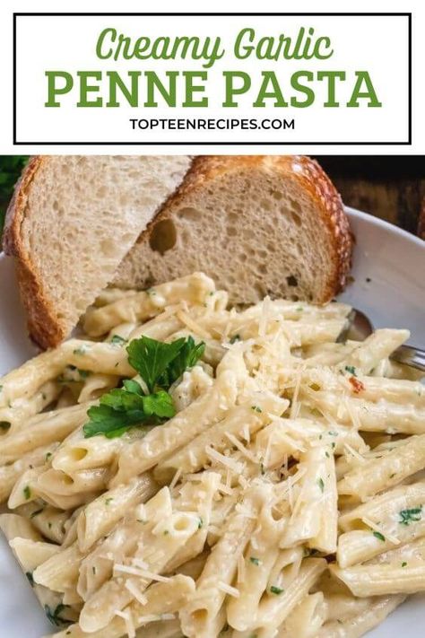 Creamy Garlic Penne Pasta - Top Recipes Easy Penne Pasta Recipes, Garlic Penne Pasta, Creamy Garlic Penne Pasta, Penne Pasta Recipe, Types Of Pasta, Penne Pasta Recipes, Simple Family Meals, Chicken Tenderloin Recipes, Creamy Pasta Recipes