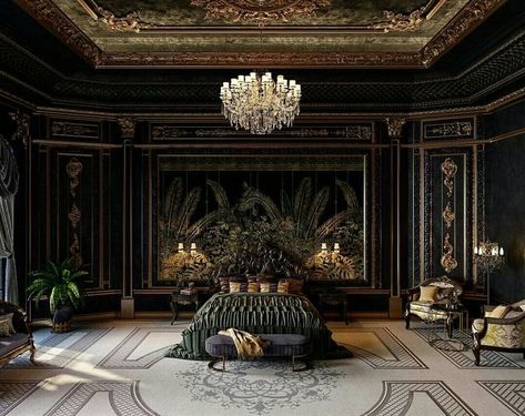 Aesthetic Movement Interior Design, Dark French Home Decor, Dark Royal Bedroom, بيوت ملكية, Royal Bedroom, Wall Decoration Ideas, Mansion Interior, Dark Interiors, Luxury Homes Dream Houses