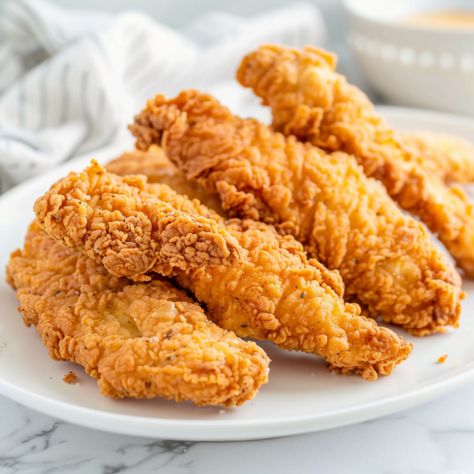 Extra Crispy Fried Chicken Tenders - Krystel's Cooking Kfc Chicken Strips Recipe, Easy Fried Chicken Tenders, Crispy Fried Chicken Tenders, Extra Crispy Fried Chicken, Fried Chicken Tenders Recipe, Best Crispy Chicken, Chicken Stripes, Easy Fried Chicken, Chicken Tenders Recipe