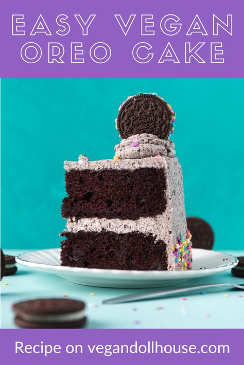 This vegan Oreo cake is a fluffy, soft, and moist chocolate cake, dazzled with chunks of Oreo cookies and layered with cookies and cream buttercream frosting. The recipe is easy to follow and can be completed within a few hours. A dairy free, egg-free cake recipe makes this the perfect cake for any celebration, and nobody will ever guess that it’s vegan. #vegandollhouse #vegan #recipe #vegancake #oreocake #birthdaycake Vegan Oreo Cake, Cookies And Creme Cake, Cookies And Cream Buttercream, Cookies N Cream Cake, Vegan Cake Frosting, Vegan Carrot Cake Recipe, Oreo Cookie Cake, Vegan Easter Recipes, Egg Free Cakes