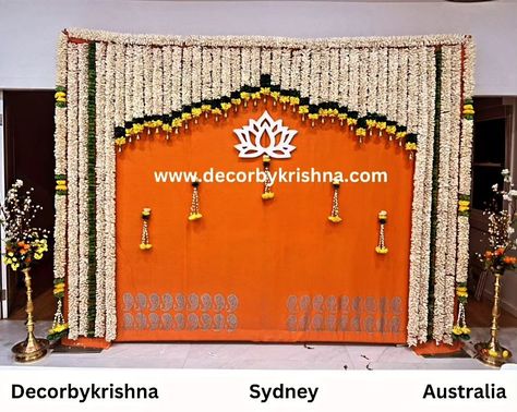 With eco-conscious choices and the beauty of floral arrangements, our housewarming decor becomes a reflection of our commitment to a greener, more sustainable future. Welcome to our eco-friendly home, where love blooms and nature thrives. House Warming Pooja Decor by Sirisha of #sydney branch #australia #SacredSpaces #HousewarmingBlessings #DivineCelebration #NewBeginnings #decorbykrishnasydney @decorbykrishna is a unit of @pellipoolajada Traditional Decorations using only Natural materi... Housewarming Decorations Indian In Usa, Pellikoduku Decorations At Home, House Warming Decorations Indian, Puja Decoration Ideas, Dhoti Function, Indian Floral Decor, Indian Baby Shower Decorations, Indian Baby Showers, Pooja Decor