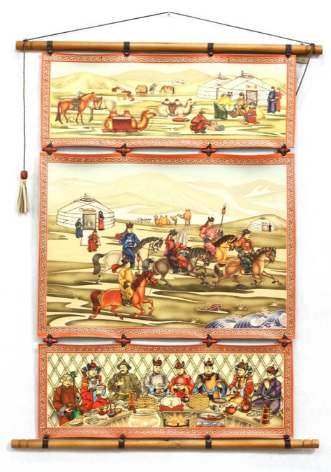 Leather wall hanging with Mongolian art painted. It’s great for home decoration. Leather Wall Hanging, Mongolian Art, Leather Wall Art, Leather Wall, Leather Wedding, Wall Hanging Art, Wooden Clock, Wooden Dolls, Here Comes The Bride