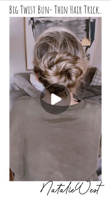 Natalie Palmer on Instagram: "Is your hair on the thinner side? Try this trick…

Doubling up the buns by making one smaller one, then twisting the remaining hair around that bun, will create a full larger bun! I secured mine with 3 spirals- no elastics or hair ties necessary in this style!

Give it a try and let me know what you think! 

*all products used and outfit will be 🔗🔗 in my bio on my Amazon Storefront or follow me on LTK!

Like and Comment🫶🏼 Follow for more tips, tricks, and hairstyles💋

#hairstyle #easyhairtutorials #hair #hairgoals #viralreel #beautytips #summerhair #longhair #nataliemwest #trending #fyp #hair #haircrush #bohostyle #heatlesshairstyle #shorts #viralshort #foryourpage #summer #thinhair #bun #bigbun #fakeittillyoumakeit #momsofinstagram" No Elastic Bun, How To Tie A Bun, Hair Styles For Thinner Hair, Twist Bun, Heatless Hairstyles, Hair Tutorials Easy, Like And Comment, Bun Hairstyles For Long Hair, Amazon Storefront