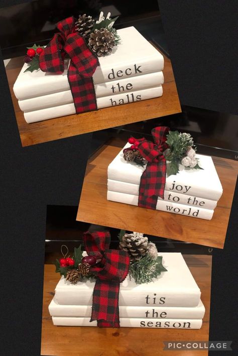 Book Stack Diy, Christmas Bookshelf, Stamped Books, Jenga Blocks, Christmas Craft Fair, Fundraiser Ideas, Creative Christmas Gifts, Diy Arrangements, Easy Christmas Gifts