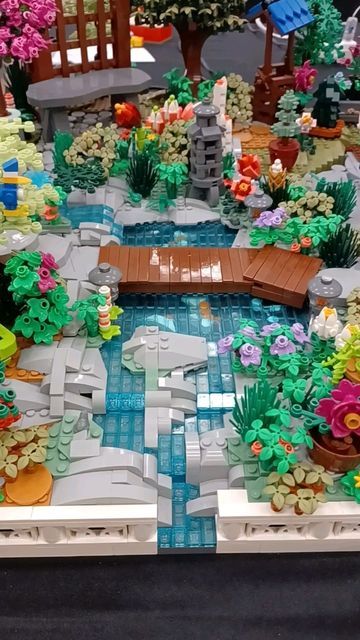 Lego Waterfall Ideas, Lego Zen Garden, Lego Landscape Ideas, Lego Garden, Lego Landscape, Lego Pond, Lego Gazebo, Lego Tranquil Garden, Lego Fairy