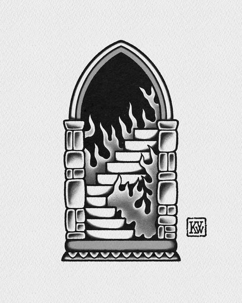 stairway to hell Portal Door Tattoo, Spiritual Traditional Tattoo, Stairway Tattoo, Made In Hell Tattoo, Staircase Tattoo, Traditional Tattoo Halloween, Hell Tattoo, Outlaw Tattoo, German Tattoo