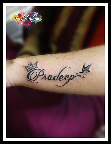 Pradeep Name tattoo, Pradeep, Name tattoo, Husband Name tattoo, Calligraphy tattoo, Crown tattoo, Wrist tattoo, Small tattoo, Memorial tattoo, Couple Name tattoo, Tattoo designs, Tattoo ideas, Tattoo INSTAGRAM:- www.instagram.com/mb.divineink Crown Tattoo Wrist, Husband Name Tattoo, Couple Name Tattoo, Tattoo Husband, Husband Name Tattoos, Couple Name Tattoos, Tattoo Memorial, Tattoo Calligraphy, Tattoo Couple