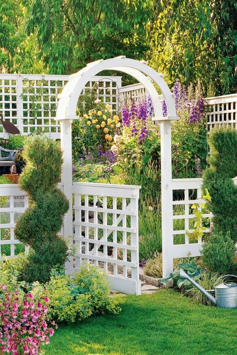 Garden Arbor With Gate, Arbor Gate, Trellis Gate, Building A Trellis, Backyard Gates, Garden Arch Trellis, Trellis Fence, White Trellis, Arbors Trellis