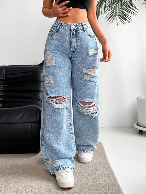 SHEIN USA Jean For Women, Baggy Jeans With Holes, Aesthetic Ripped Jeans, Jeans Style Women, Really Ripped Jeans, Loose Fitted Jeans, Cargos Aesthetic, Pantalones Mom, Ripped Jeans Aesthetic