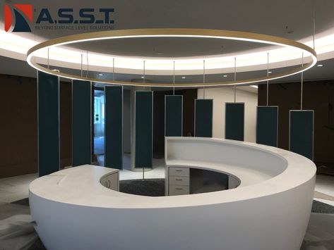 This is a personal favorite of mine - custom thermoformed solid surface! How do you think this reception desk turned out?! Another happy client! 🔥 #asst #assist #millwork #desk #custom #millwork #solidsurface Circle Reception Desk, Circular Reception Desk, Custom Reception Desk, Reception Desk Design, Custom Millwork, Office Reception, Reception Table, Reception Desk, Desk Design