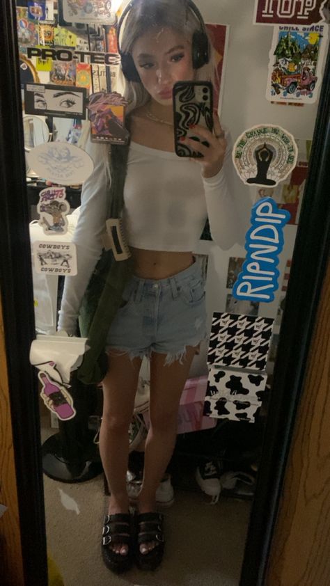 trendy,basic,tote bag outfit, tote bag, white long sleeve, levi shorts, headphones, jewelry, doc martens sandals, aesthetic, wildflower phone case Doc Martens Sandals Outfit Summer, Doc Martin Sandals Outfit, Doc Sandals Outfit, Dr Marten Sandals Outfit, Sandles Outfit, White Sandals Outfit, Doc Martens Sandals, Trendy Aesthetic Outfits, Sandals Aesthetic