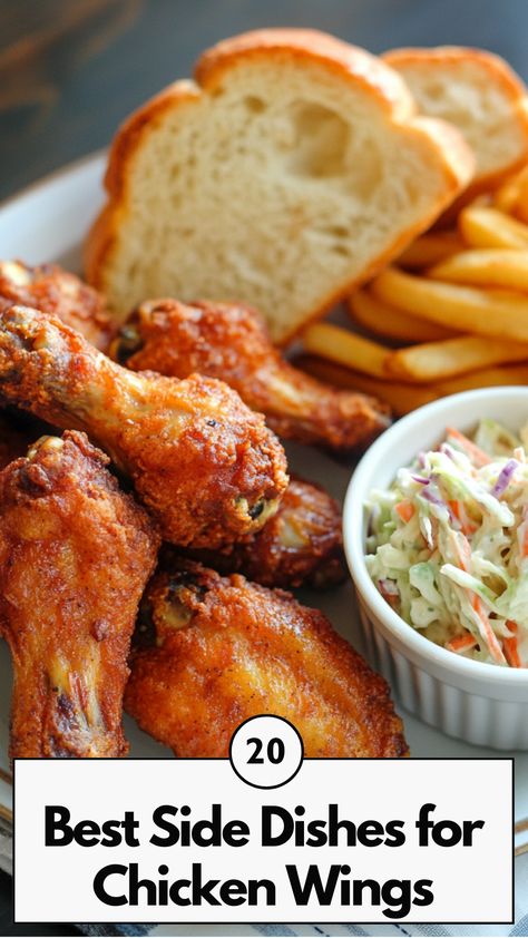 A plate of crispy chicken wings served with golden fries, a bowl of creamy coleslaw, and a slice of garlic bread, creating a delicious spread perfect for any gathering or meal. Wings Meal Sides, Side Dish With Wings, Chicken Wing Sides Dishes, Chicken Wings Side Dishes, Wing Sides Dishes, Wings Side Dishes, Side Dishes For Wings, Chicken Wings Sides, Side Dishes For Chicken Wings