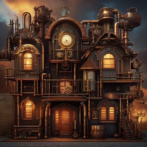 Steampunk Exterior, Steampunk Building, Steampunk Architecture, Punk House, Minecraft Steampunk, Steampunk Elements, Medieval Steampunk, Steampunk City, World Creation