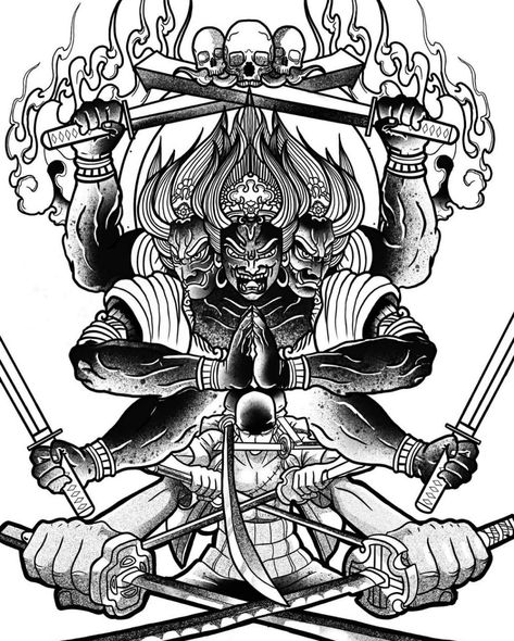 Ashura Back Tattoo, Ashura Tattoo Japan, Ashura Tattoo Design, Zoro Ashura Tattoo, Doflamingo Tattoo Design, Asura Demon Tattoo, Susanoo Tattoo Japanese Mythology, Martial Art Tattoo, Japanese God Tattoo