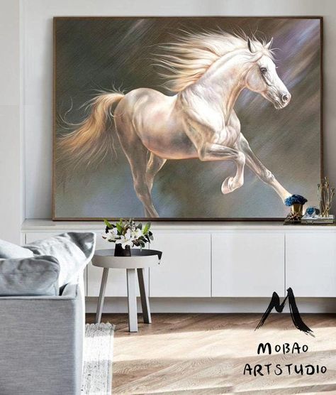 Running Horse Painting, Horse Painting On Canvas, White Horse Painting, Horse Canvas Painting, Horse Oil Painting, Horse Wall Art Canvases, Painting Horse, Running Horse, Horse Artwork