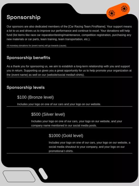 Race Car Sponsorship Contract Sponsorship Levels, Contract Management, Team Training, Contract Template, Racing Team, Proposal Ideas, Brochure Template, Race Car, Editable Template