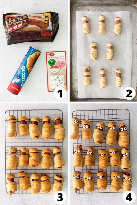 Halloween Pigs In A Blanket, Mummy Pigs In A Blanket, Parents With Baby, Hot Dog Recipe, Halloween Potluck, Halloween Finger Foods, Spooky Dinner, Mummy Dogs, Halloween Food Dinner