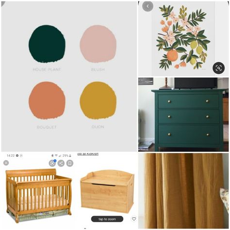 Dusty Rose And Mustard Nursery, Emerald Green Boho Nursery, Mustard Yellow And Pink Nursery, Green Pink Gold Nursery, Mustard Yellow And Dark Green Bedroom, Nursery Dark Green Accent Wall, Dark Green Baby Girl Nursery, Colored Dresser In Nursery, Pink Yellow Green Nursery