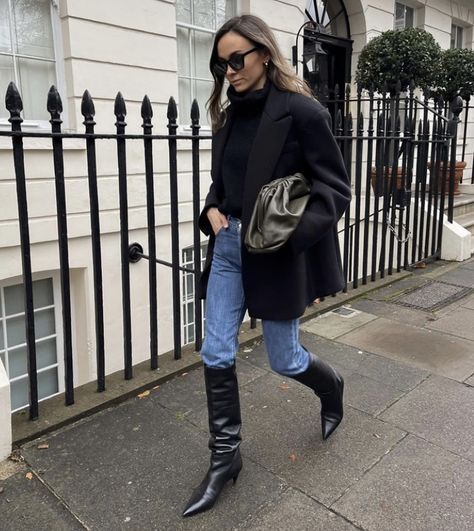 How To Wear Over The Knee Boots | Le Chic Street Cold Weather Brunch Outfit, Knee High Boots And Jeans, Over The Knee Boots Outfits, High Boots And Jeans, Denim Jeans Outfit Casual, White Denim Jeans Outfit, Kneehighboots Outfits, Over The Knee Boot Outfit, Winter Boots Outfits