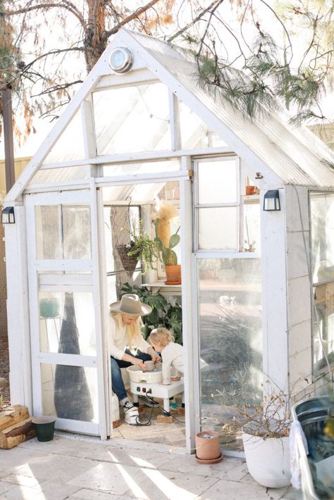 How We Created An At-Home Pottery Studio In Our Greenhouse Outdoor Ceramic Studio, Diy Pottery Studio Shed, Art Studio Greenhouse, Garden Pottery Studio, Backyard Pottery Studio, Outdoor Pottery Studio, Pottery Studio Shed, Pottery Shed Ceramic Studio, Tiny Pottery Studio