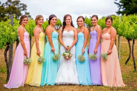 Loving the multicolored bridesmaids dresses. Cool for a wedding in the spring Rainbow Bridesmaid Dresses, Mismatched Bridesmaids Dresses, Mismatched Bridesmaids, Beautiful Bridesmaid Dresses, Boda Mexicana, Designer Bridesmaid Dresses, Mismatched Bridesmaid Dresses, Rainbow Wedding, Wedding Dress Pictures