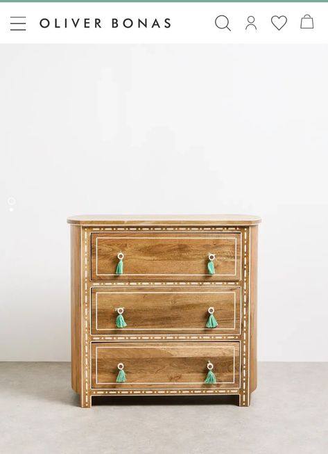 Oliver Bonas Furniture, Chest Of Drawers For Bedroom, Boho Drawers, Blue Storage Ottoman, Mango Wood Bedside Tables, Green Sideboard, Painted Wood Chest, Chest Of Drawers Design, Wooden Chest Of Drawers