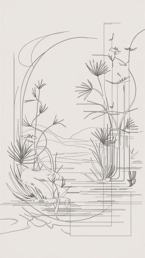 Discover the beauty of simplicity with this stunning fine line art print. Inspired by Art Nouveau and Bauhaus, the delicate interplay of organic shapes and geometric forms creates a serene landscape. Flora and fauna intertwine gracefully in slender, continuous strokes, evoking tranquility akin to Japanese ink wash. Immerse yourself in this minimalist masterpiece and let its gentle sophistication captivate you. #FineLineArt #Minimalism #ArtNouveau #Bauhaus #ArtPrint Art Nouveau Minimalist, Art Nouveau Geometric, Japanese Line Art, Art Nouveau Landscape, Fine Line Art, Art Nouveau Tiles, Serene Landscape, Line Art Print, Geometric Forms