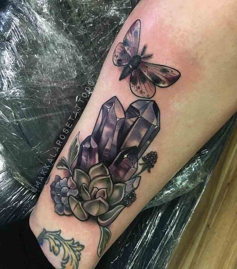 28 of the Finest Crystal Tattoos Quartz Crystal Tattoo, Amethyst Tattoo, Crystal Tattoos, Crystal Tattoo, Cactus Tattoo, Omerta Tattoo, Wicked Tattoos, Black Amethyst, Thigh Tattoos Women