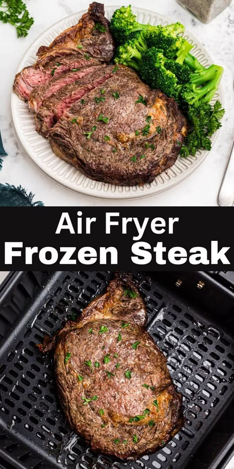 You can make frozen steak in the air fryer without thawing! The steak is so tender and juicy, making it a delicious and fast dinner! Air Fryer Steak From Frozen, Frozen Steaks In Air Fryer, Frozen Ribeye In Air Fryer, Air Fryer Frozen Steak Recipes, Frozen Air Fryer Steak, Steak Air Fryer Recipes Medium Well, Frozen Tenderloins In Air Fryer, Steak In Air Fryer Medium Rare, Cube Steak In Air Fryer