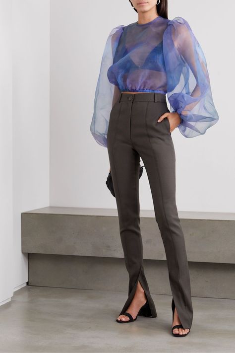 Transparent Shirt Outfit, Blouse Reference, Organza Tops Blouses, Organza Tops, Bottega Veneta Clutch, Peter Do, Organza Blouse, Organza Top, Oversize Sleeves